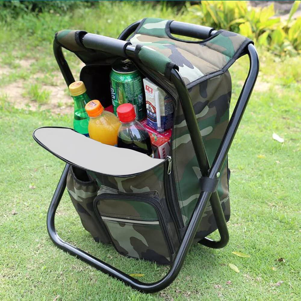 Folding Camping Chair Stool Backpack with Cooler Insulated Picnic Bag, Hiking Camouflage Seat Table Bag Camping Gear, Outdoor Fishing Hunting Gifts for Men