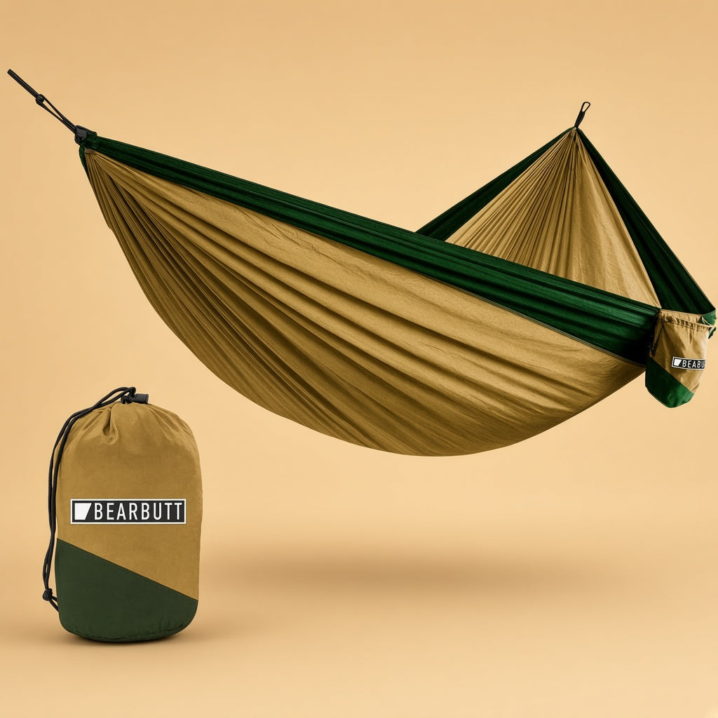 Khaki and green camping hammock with stuff sack