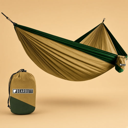 Khaki and green camping hammock with stuff sack